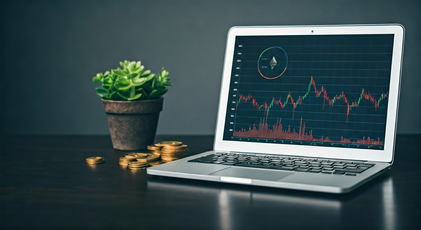 Cryptocurrency market overview with a laptop showing Bitcoin and Ethereum charts, minimal graphics, and a neutral fintech style background