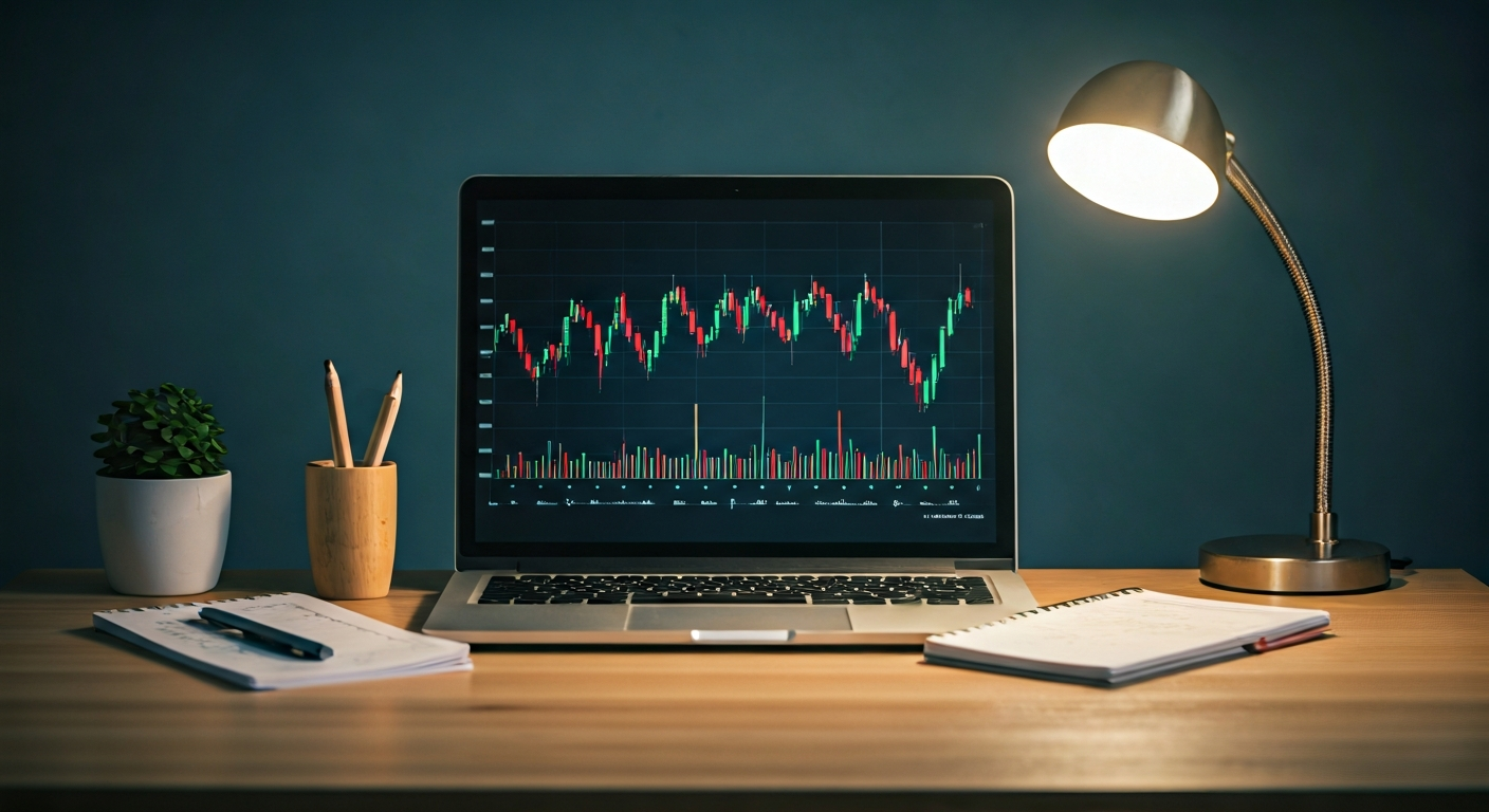 Modern workspace with a laptop showing clean candlestick charts, a notebook with handwritten notes, and a minimal desk lamp, representing a calm and focused trading study environment