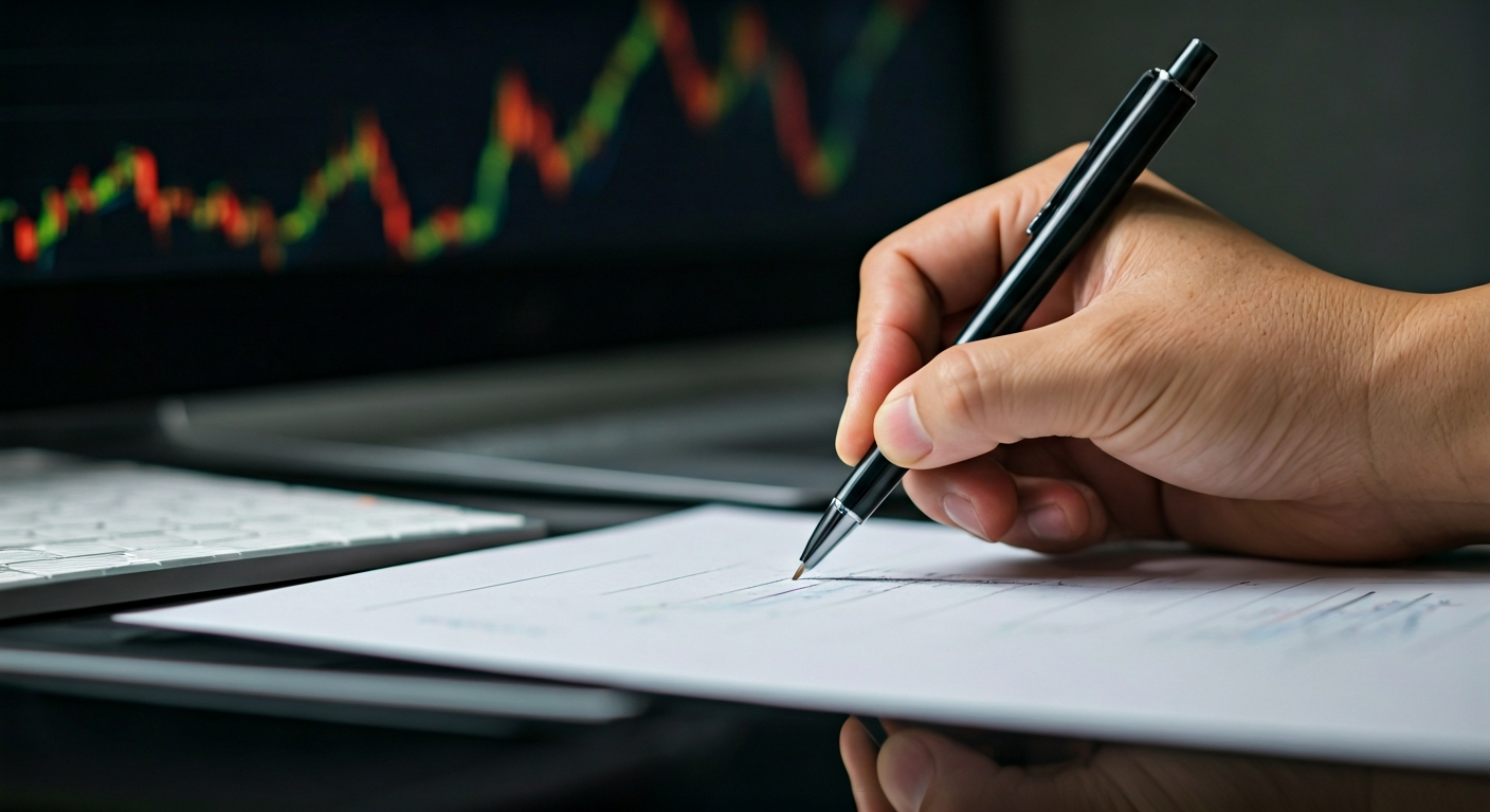 Close-up of a trading chart on a large monitor with a pen marking support and resistance levels on paper, illustrating analysis practice