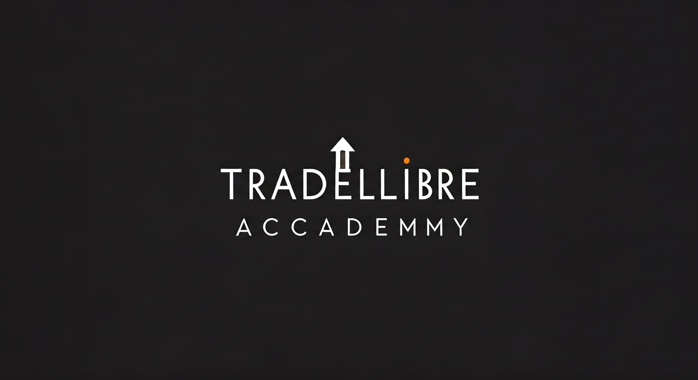 Minimalist logo with the words TradeLibre Academy in clean sans-serif lettering, a simple upward line symbol, flat design, professional academy style, easy to reproduce