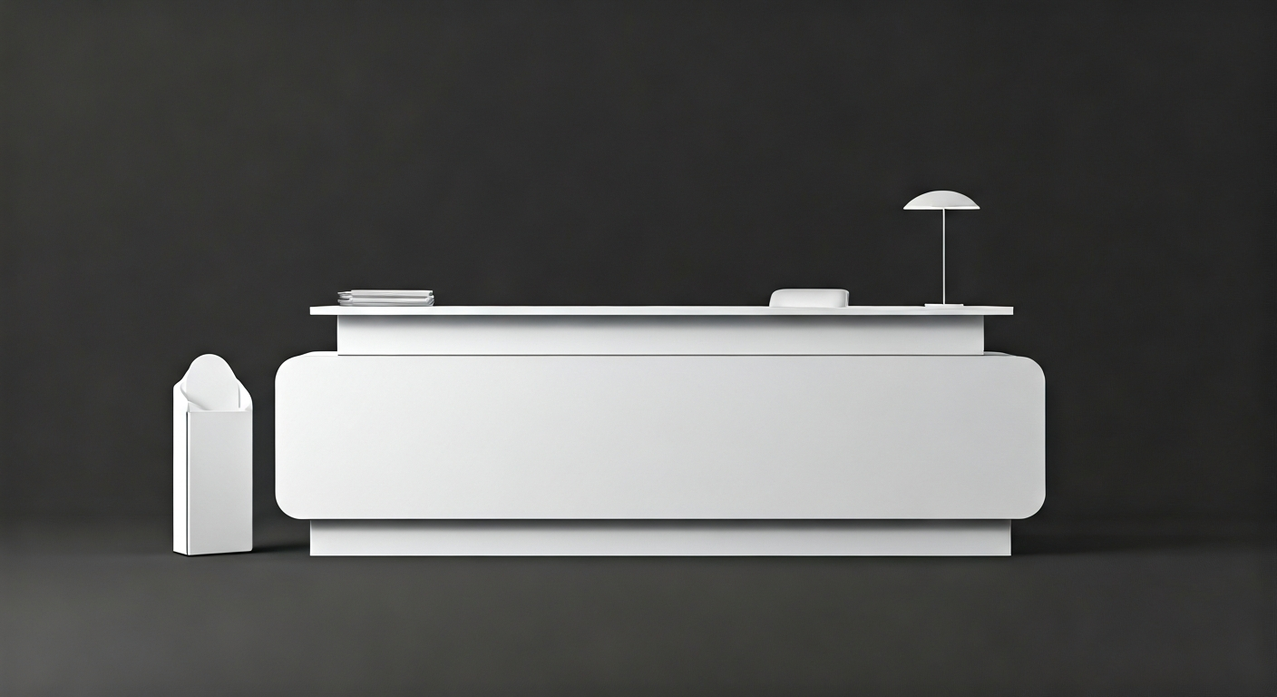 Minimal reception desk with a brochure stand and a soft light, creating a welcoming and professional contact atmosphere