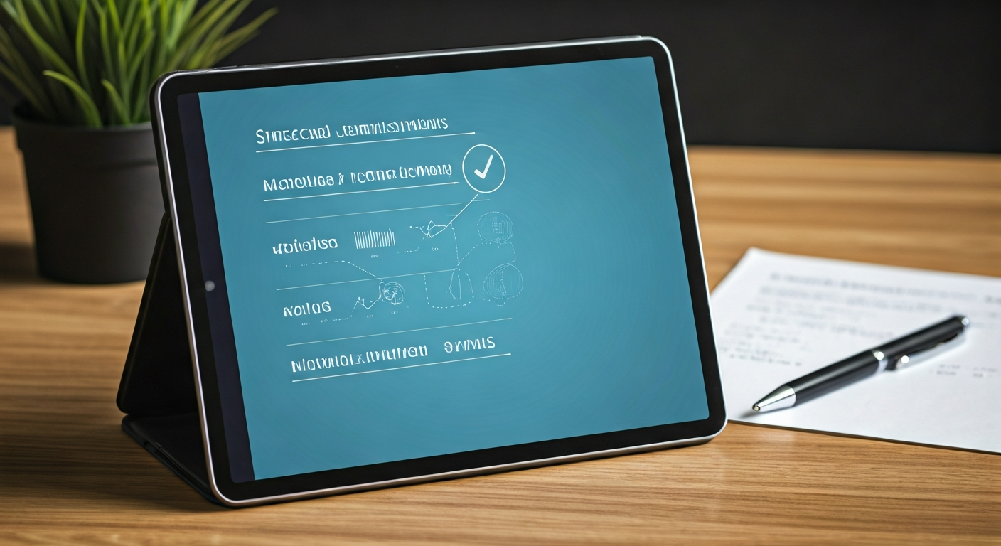 Tablet showing a structured learning roadmap with modules and checkpoints, placed next to a pen and paper on a tidy desk