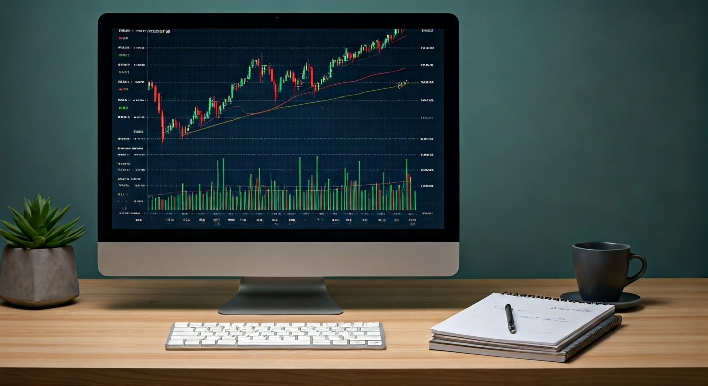 Minimal fintech workspace with a large monitor showing market charts, a notebook with a simple learning plan, and a clean atmosphere