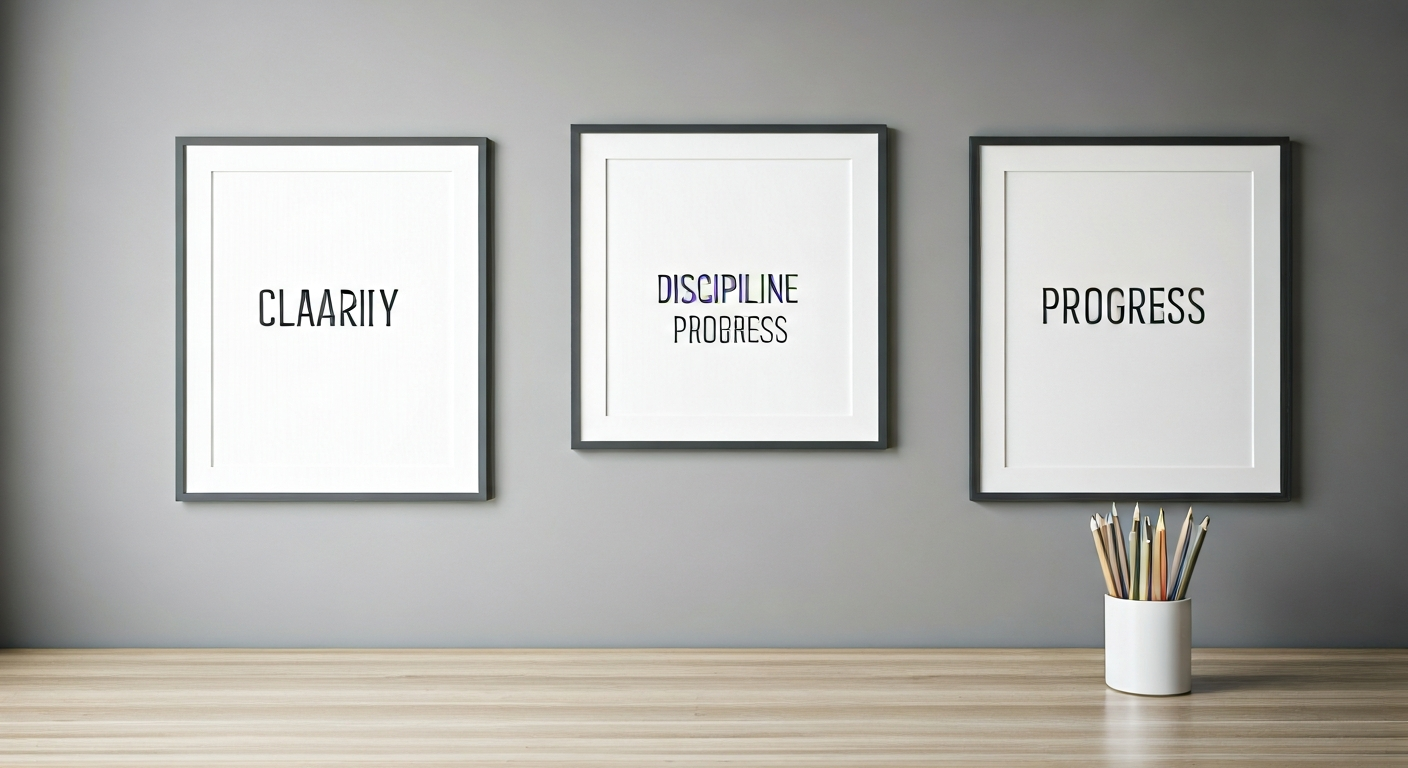 Minimalist wall with three framed words: clarity, discipline, and progress, representing educational values in a professional environment