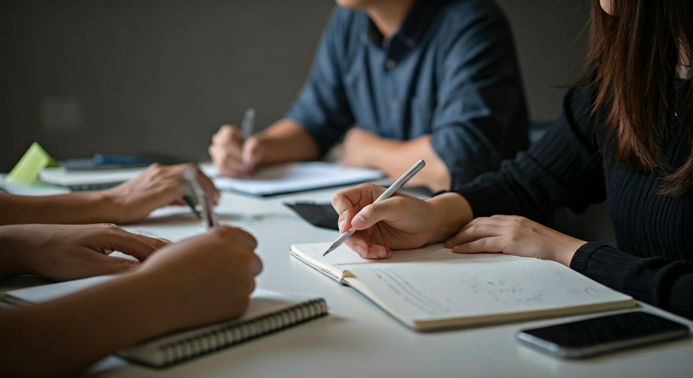 Small group in a calm study session looking at a screen with a trading chart, taking notes and discussing, showing a practical learning workshop
